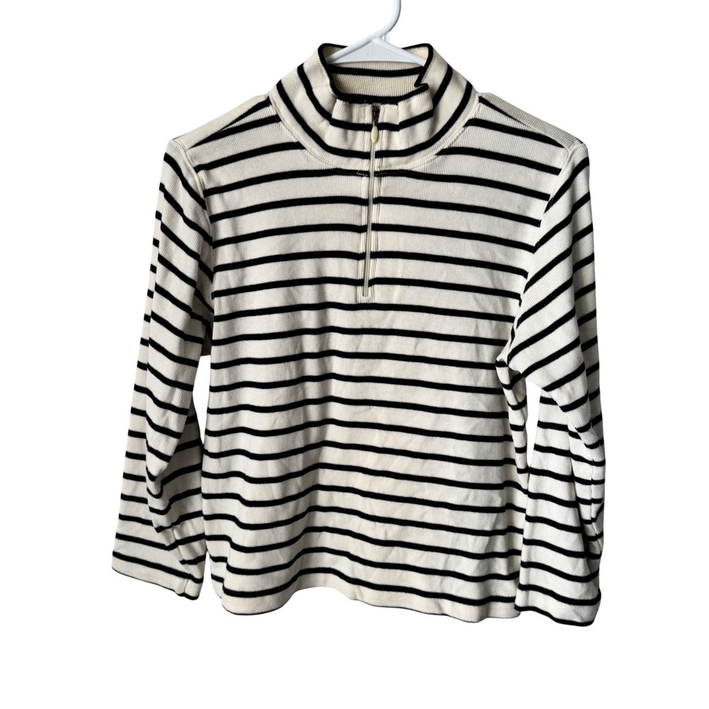 LL Bean Womens Medium Striped Quarter Zip Pullover Cotton Ribbed Mock Neck Top